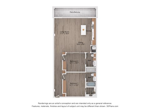 Floor plan for 2 beds, 2 baths, 1075 sqft